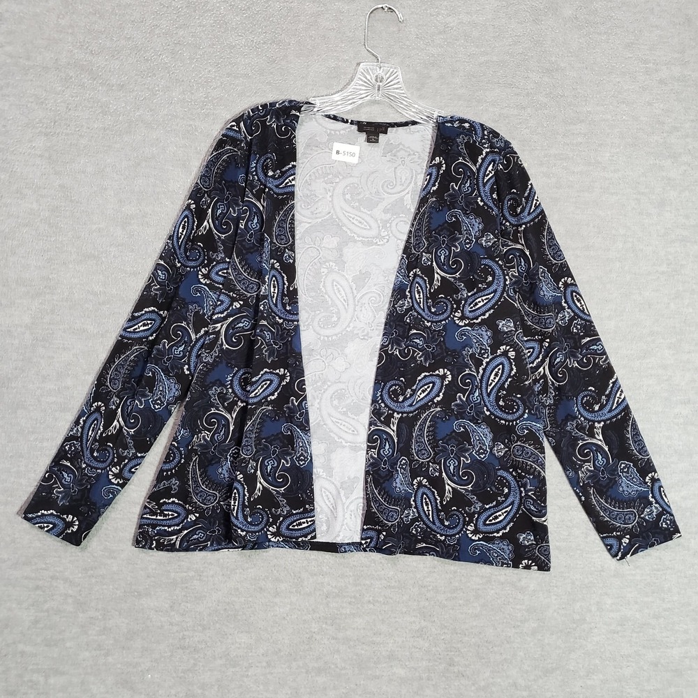J Jill Women Sweater PM Blue Paisley Cardigan Wearever‎ Collection Open Front